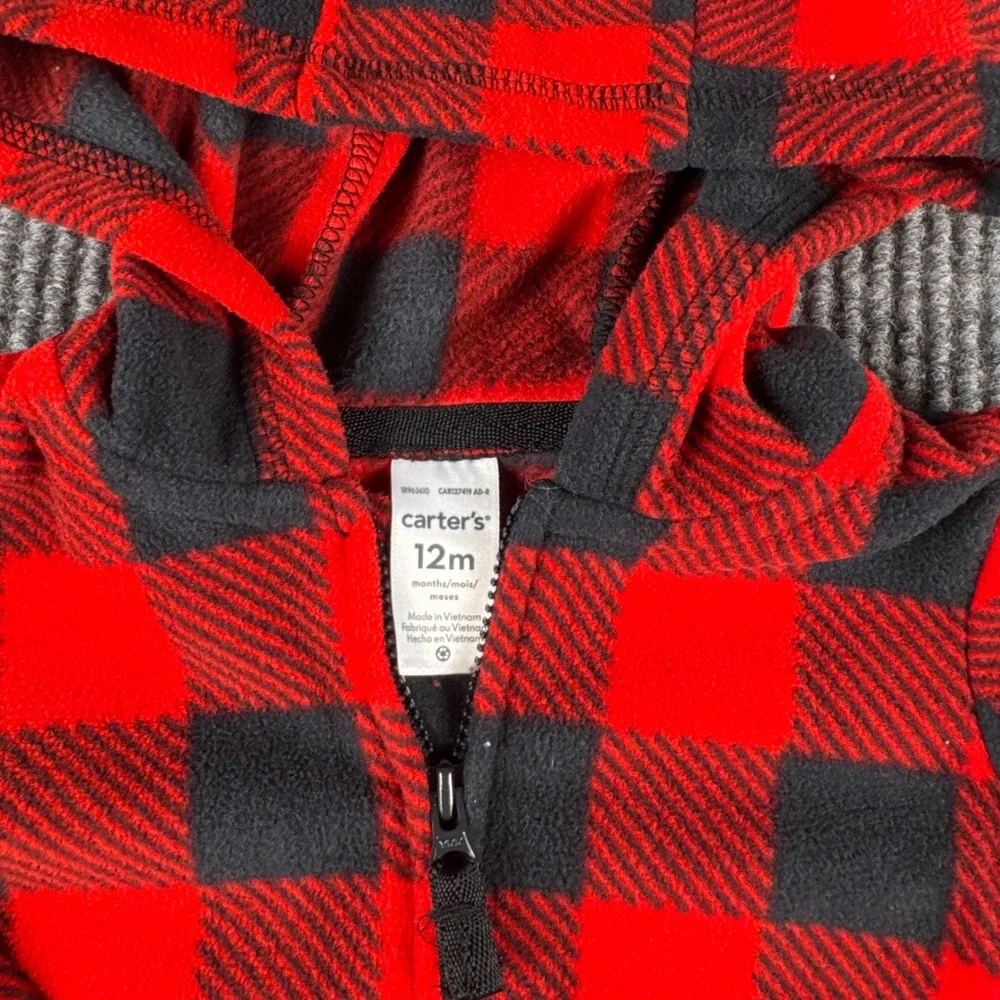 Carters Baby 12M Red Black Buffalo Plaid Fleece‎ Hooded Jumpsuit Romper 1I963610
